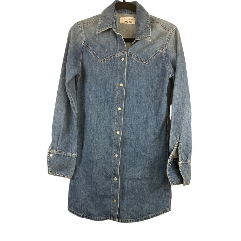 Reformation Jeans Blue Denim Western Snap Front Mini Dress Medium Wash Size 0